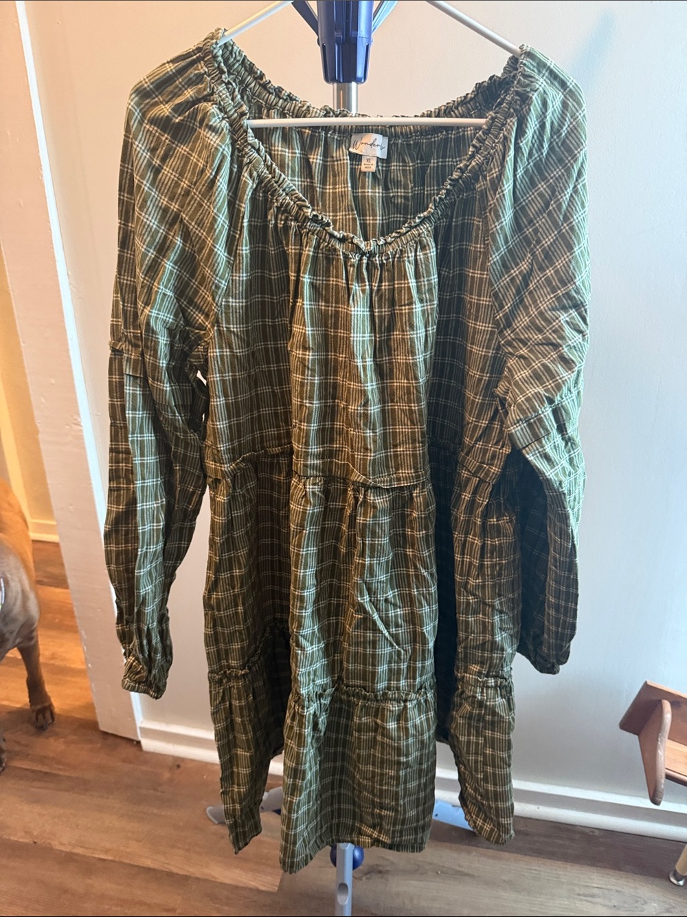 Wonderly Olive Plaid Tiered Peasant Dress